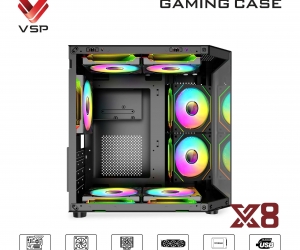 Case VSP AQUAL X8 Black FV (346x275x338mm, Bể cá, 3 mặt kính cường lực, Fan đuôi 1x120mm ko kèm, Fan trước 2x120mm ko kèm, Fan trên 2x120mm ko kèm, Fan dưới 2x120mm ko kèm,  1xUSB3.0, 2xUSB2.0, 1xHD Audio, 1xHDD, 2xSDD, Tản nước 120/240mm ko kèm) 
