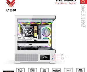 Case VSP AQUAL X3 Pro White FV (450 x 210x 480mm, Mặt trước, Bể cá Hông kính cường lực, Fan đuôi 1x120mm ko kèm, Fan hông 2x120mm ko kèm, Fan trên 3x120mm ko kèm, 2xUSB3.0, 1xUSB2.0, 2xHDD, 1xSSD, Tản nước 360/240/120mm ko kèm)