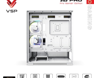 Case VSP AQUAL X3 Pro White FV (450 x 210x 480mm, Mặt trước, Bể cá Hông kính cường lực, Fan đuôi 1x120mm ko kèm, Fan hông 2x120mm ko kèm, Fan trên 3x120mm ko kèm, 2xUSB3.0, 1xUSB2.0, 2xHDD, 1xSSD, Tản nước 360/240/120mm ko kèm)