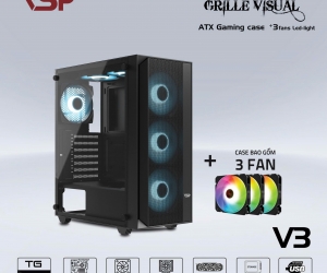 Case VSP Grille visual V3 + Kèm 3 Fan Black(370x200x440mm, 2 mặt kính cường lực, Fan đuôi 1x120mm ko kèm, Fan trước 3x120mm đã kèm, Fan trên 2x120mm ko kèm, 1xUSB3.0, 2xUSB2.0, 1xHDD, 2xSDD, 1xHD Audio, Nguồn dưới dây dài) 