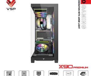 Case VSP X90 PREMIUM Black FV (525x308x4517mm, Mặt trước - Hông kính cường lực, Fan hông 3x120mm ko kèm, Fan trên 3x120mm ko kèm, Fan đuôi 1x120mm ko kèm, Fan trước 1x120mm ko kèm, 1xUSB3.0, 1xUSB2.0, 1xUSB Type-C, 2xHDD, 2xSDD, Tản nước 360mm ko kèm)