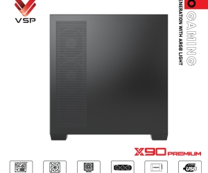 Case VSP X90 PREMIUM Black FV (525x308x4517mm, Mặt trước - Hông kính cường lực, Fan hông 3x120mm ko kèm, Fan trên 3x120mm ko kèm, Fan đuôi 1x120mm ko kèm, Fan trước 1x120mm ko kèm, 1xUSB3.0, 1xUSB2.0, 1xUSB Type-C, 2xHDD, 2xSDD, Tản nước 360mm ko kèm)