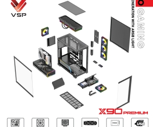 Case VSP X90 PREMIUM Black FV (525x308x4517mm, Mặt trước - Hông kính cường lực, Fan hông 3x120mm ko kèm, Fan trên 3x120mm ko kèm, Fan đuôi 1x120mm ko kèm, Fan trước 1x120mm ko kèm, 1xUSB3.0, 1xUSB2.0, 1xUSB Type-C, 2xHDD, 2xSDD, Tản nước 360mm ko kèm)