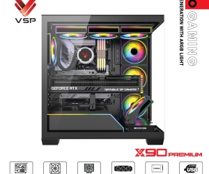 Case VSP X90 PREMIUM Black FV (525x308x4517mm, Mặt trước - Hông kính cường lực, Fan hông 3x120mm ko kèm, Fan trên 3x120mm ko kèm, Fan đuôi 1x120mm ko kèm, Fan trước 1x120mm ko kèm, 1xUSB3.0, 1xUSB2.0, 1xUSB Type-C, 2xHDD, 2xSDD, Tản nước 360mm ko kèm)