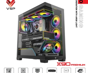Case VSP X90 PREMIUM Black FV (525x308x4517mm, Mặt trước - Hông kính cường lực, Fan hông 3x120mm ko kèm, Fan trên 3x120mm ko kèm, Fan đuôi 1x120mm ko kèm, Fan trước 1x120mm ko kèm, 1xUSB3.0, 1xUSB2.0, 1xUSB Type-C, 2xHDD, 2xSDD, Tản nước 360mm ko kèm)