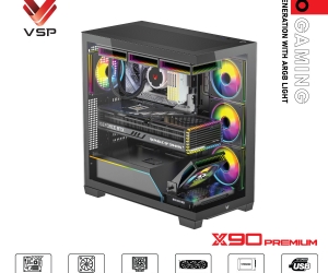 Case VSP X90 PREMIUM Black FV (525x308x4517mm, Mặt trước - Hông kính cường lực, Fan hông 3x120mm ko kèm, Fan trên 3x120mm ko kèm, Fan đuôi 1x120mm ko kèm, Fan trước 1x120mm ko kèm, 1xUSB3.0, 1xUSB2.0, 1xUSB Type-C, 2xHDD, 2xSDD, Tản nước 360mm ko kèm)