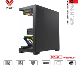 Case VSP X90 PREMIUM Black FV (525x308x4517mm, Mặt trước - Hông kính cường lực, Fan hông 3x120mm ko kèm, Fan trên 3x120mm ko kèm, Fan đuôi 1x120mm ko kèm, Fan trước 1x120mm ko kèm, 1xUSB3.0, 1xUSB2.0, 1xUSB Type-C, 2xHDD, 2xSDD, Tản nước 360mm ko kèm)