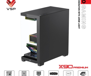 Case VSP X90 PREMIUM Black FV (525x308x4517mm, Mặt trước - Hông kính cường lực, Fan hông 3x120mm ko kèm, Fan trên 3x120mm ko kèm, Fan đuôi 1x120mm ko kèm, Fan trước 1x120mm ko kèm, 1xUSB3.0, 1xUSB2.0, 1xUSB Type-C, 2xHDD, 2xSDD, Tản nước 360mm ko kèm)