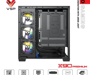 Case VSP X90 PREMIUM Black FV (525x308x4517mm, Mặt trước - Hông kính cường lực, Fan hông 3x120mm ko kèm, Fan trên 3x120mm ko kèm, Fan đuôi 1x120mm ko kèm, Fan trước 1x120mm ko kèm, 1xUSB3.0, 1xUSB2.0, 1xUSB Type-C, 2xHDD, 2xSDD, Tản nước 360mm ko kèm)