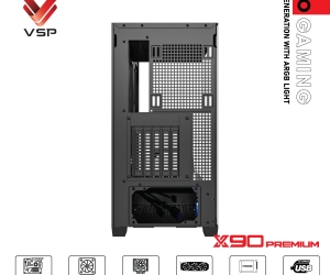 Case VSP X90 PREMIUM Black FV (525x308x4517mm, Mặt trước - Hông kính cường lực, Fan hông 3x120mm ko kèm, Fan trên 3x120mm ko kèm, Fan đuôi 1x120mm ko kèm, Fan trước 1x120mm ko kèm, 1xUSB3.0, 1xUSB2.0, 1xUSB Type-C, 2xHDD, 2xSDD, Tản nước 360mm ko kèm)