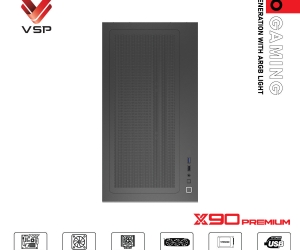 Case VSP X90 PREMIUM Black FV (525x308x4517mm, Mặt trước - Hông kính cường lực, Fan hông 3x120mm ko kèm, Fan trên 3x120mm ko kèm, Fan đuôi 1x120mm ko kèm, Fan trước 1x120mm ko kèm, 1xUSB3.0, 1xUSB2.0, 1xUSB Type-C, 2xHDD, 2xSDD, Tản nước 360mm ko kèm)