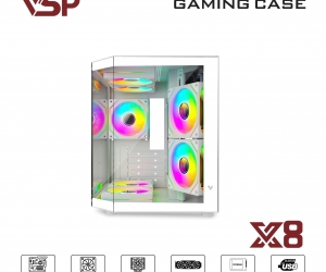 Case VSP AQUAL X8 White (346x275x338mm, Bể cá, 3 mặt kính cường lực, Fan đuôi 1x120mm ko kèm, Fan trước 2x120mm ko kèm, Fan trên 2x120mm ko kèm, Fan dưới 2x120mm ko kèm,  1xUSB3.0, 2xUSB2.0, 1xHD Audio, 1xHDD, 2xSDD, Tản nước 120/240mm ko kèm) FV  