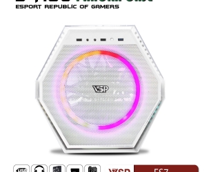 Case VSP E-ROG ES7 Gaming White FV (315x450x350mm, Fan đuôi 1x120mm/1x80mm ko kèm, Fan trên 2x120mm ko kèm, Fan trước 1x200mm ko kèm, 1xUSB3.0, 2xUSB2.0, Tản nhiệt 165mm ko kèm)