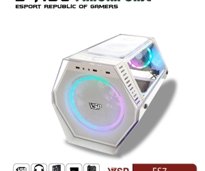Case VSP E-ROG ES7 Gaming White FV (315x450x350mm, Fan đuôi 1x120mm/1x80mm ko kèm, Fan trên 2x120mm ko kèm, Fan trước 1x200mm ko kèm, 1xUSB3.0, 2xUSB2.0, Tản nhiệt 165mm ko kèm)