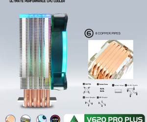 Tản nhiệt khí CPU 6 ống đồng VSP Cooler V620 PRO PLUS LED ARGB 1 fan 12cm Black (115x/1200/1366/1700/2011/AM3/AM4/AM5)