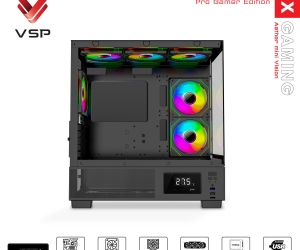 Case VSP X3-M LUX Black FV (413x210x450mm, Mặt trước, Hông kính cường lực, Fan đuôi 1x120mm ko kèm, Fan hông 2x120mm ko kèm, Fan trên 3x120mm ko kèm, 1xUSB3.0, 2xUSB2.0, 2xHDD, 1xSSD, Tản nước 360/240mm ko kèm)