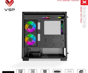 Case VSP X3-M LUX Black FV (413x210x450mm, Mặt trước, Hông kính cường lực, Fan đuôi 1x120mm ko kèm, Fan hông 2x120mm ko kèm, Fan trên 3x120mm ko kèm, 1xUSB3.0, 2xUSB2.0, 2xHDD, 1xSSD, Tản nước 360/240mm ko kèm)