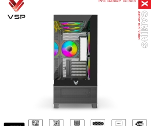 Case VSP X3-M LUX Black FV (413x210x450mm, Mặt trước, Hông kính cường lực, Fan đuôi 1x120mm ko kèm, Fan hông 2x120mm ko kèm, Fan trên 3x120mm ko kèm, 1xUSB3.0, 2xUSB2.0, 2xHDD, 1xSSD, Tản nước 360/240mm ko kèm)