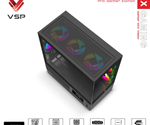 Case VSP X3-M LUX Black FV (413x210x450mm, Mặt trước, Hông kính cường lực, Fan đuôi 1x120mm ko kèm, Fan hông 2x120mm ko kèm, Fan trên 3x120mm ko kèm, 1xUSB3.0, 2xUSB2.0, 2xHDD, 1xSSD, Tản nước 360/240mm ko kèm)