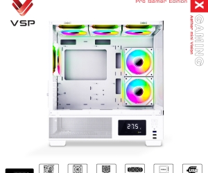 Case VSP X3-M LUX White FV (413x210x450mm, Mặt trước, Hông kính cường lực, Fan đuôi 1x120mm ko kèm, Fan hông 2x120mm ko kèm, Fan trên 3x120mm ko kèm, 1xUSB3.0, 2xUSB2.0, 2xHDD, 1xSSD, Tản nước 360/240mm ko kèm)
