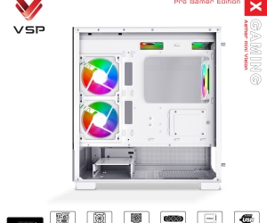 Case VSP X3-M LUX White FV (413x210x450mm, Mặt trước, Hông kính cường lực, Fan đuôi 1x120mm ko kèm, Fan hông 2x120mm ko kèm, Fan trên 3x120mm ko kèm, 1xUSB3.0, 2xUSB2.0, 2xHDD, 1xSSD, Tản nước 360/240mm ko kèm)