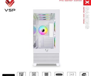 Case VSP X3-M LUX White FV (413x210x450mm, Mặt trước, Hông kính cường lực, Fan đuôi 1x120mm ko kèm, Fan hông 2x120mm ko kèm, Fan trên 3x120mm ko kèm, 1xUSB3.0, 2xUSB2.0, 2xHDD, 1xSSD, Tản nước 360/240mm ko kèm)
