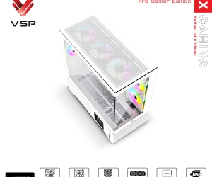 Case VSP X3-M LUX White FV (413x210x450mm, Mặt trước, Hông kính cường lực, Fan đuôi 1x120mm ko kèm, Fan hông 2x120mm ko kèm, Fan trên 3x120mm ko kèm, 1xUSB3.0, 2xUSB2.0, 2xHDD, 1xSSD, Tản nước 360/240mm ko kèm)
