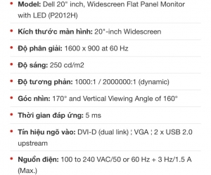 LCD RN 20' DELL P2012 Wide Box Renew (LED - VGA, DVI, 1600x900,60Hz Kèm cáp VGA, Treo tường)