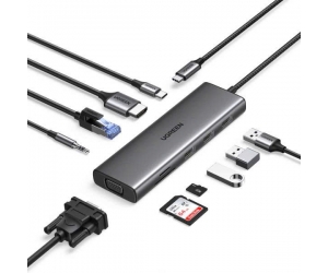 Bộ chuyển đổi 10 in 1  USB Type C Ugreen 15601 ( Type C ra HDMI, VGA, USB, Lan, SD/TF, Sạc PD 100W (CM498) FV 