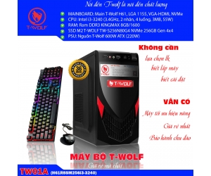 Bộ máy HỌC TẬP & VĂN PHÒNG T-WOLF TW01A (H61R8SM256i3-3240) Main T-WOLF H61(LGA 1155, VGA-HDMI, NVMe), CPU Intel Core i3-3240 (3.4GHz, 2 nhân, 4 luồng, 3MB, 55W), Ram DDR3 KINGMAX 8GB/1600, SSD T-Wolf TW-S256N80G4 NVMe 256GB (2280 PCIe GEN 4x4 8GB/s), Nguồn T-Wolf 600W ATX (220W) + Tặng Keyboard T20 + Mouse T-WOLF V3