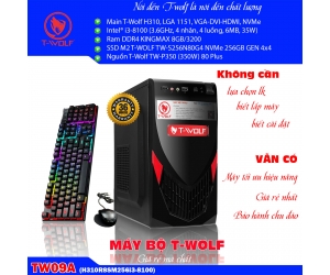 Bộ máy HỌC TẬP & VĂN PHÒNG T-WOLF TW09A (H310R8SM256i3-8100) Main T-WOLF H310(LGA 1151, VGA-DVI-HDMI, NVMe), CPU Intel Core i3-8100 (3.6GHz, 4 nhân, 4 luồng, 6MB, 35W), Ram DDR4 KINGMAX 8GB/3200, SSD M2 T-WOLF TW-S256N80G4 NVMe 256GB (2280 PCIe GEN 4x4 8GB/s), Nguồn T-Wolf TW-P350 (350W) 80 Plus + Tặng Keyboard T20 + Mouse T-WOLF V3