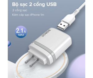 Bộ sạc Lightning - ROBOT RT-K9U White Chính hãng (2 cổng USB 5V-2.1A, 1m) 