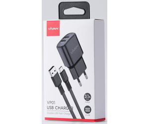 Bộ sạc MicroUSB - VIVAN VP01 Black Chính hãng (Sạc nhanh, 2 cổng USB, 5V-3.1A, 1m)