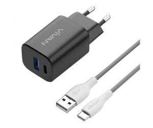 Bộ sạc Type-C - VIVAN Power super 30 Black (1 cổng USB, 1 cổng TYPE-C, QC3.0, 18W, 1m) 