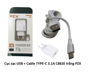 Bộ Sạc USB 3.1A+cáp Type-C C882E trắng PZX FV