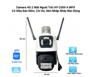 Camera 2 mắt 4G HY-2309 4Mpx (350°-90°, Mỗi mắt 2Mpx, Đàm thoại 2 chiều, Có Màu Ban Đêm, Còi Hú, Đèn Nhấp Nháy Báo Động, Kèm nguồn 12V) 