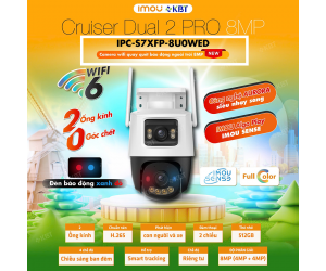 Camera IP Wifi IMOU Cruiser Dual 2 Pro IPC-S7XFP-8U0WED (4MP+4MP) Xoay Ngoài trời Chính hãng (355°-90°, 2560x1440, 3.6mm, H.265, Có Mic, Loa tích hợp, Đàm thoại 2 chiều, Đèn báo động, Phát hiện con người-xe, Có màu ban đêm, DWDR, Có LAN, Kèm nguồn 12V)