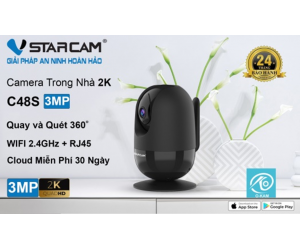 Camera IP Wifi STARCAM C48S 3MP Robo Chính hãng (Đàm thoại 2 chiều, Hồng ngoại 10m, Có LAN, Kèm nguồn 5V) + Tặng Thẻ nhớ MicroSD 64G Class10 Box