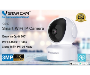 Camera IP Wifi STARCAM CS49 3MP Chính hãng (350°-70°, 2304x1296, H.264, Đàm thoại 2 chiều, Hồng ngoại 10m, Có LAN, Kèm nguồn 5V) + Tặng Thẻ nhớ MicroSD 64G Class10 Box