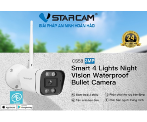Camera IP Wifi STARCAM CS58 3MP Chính hãng (Thân Ngoài trời, Đàm thoại 2 chiều, Hồng ngoại 15m, Báo động, Kèm nguồn 12V, Có LAN) + Tặng Thẻ nhớ MicroSD 64G Class10 Box
