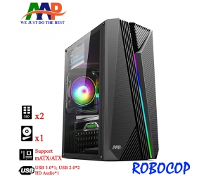 Case AAP ROBOCOP Black (320x190x420mm, LED RGB + Hông Kính Cường Lực, Fan đuôi 1x120mm ko kèm, 1xUSB3.0, 2xUSB2.0, 1xHDD, 2xSSD, Nguồn trên dây dài)