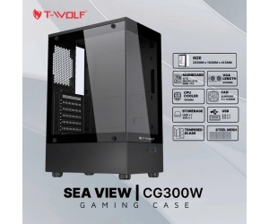 Case Gaming T-WOLF TW-CG300B Black (282x192x413mm, Hông kính cường lực, Fan dưới 1x120mm ko kèm,Fan trên 2x120mm ko kèm,Fan sau 2x120mm, 1xUSB3.0, 1xUSB2.0, 1xHDD, 1xSSD, Hỗ trợ tản nhiệt 160mm, chiều dài Vga 250mm , Micro ATX/ITX , Nguồn dưới dây dài)