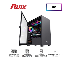 Case RUIX D2 Black (350x210x415mm, mặt kính cường lực, Fan sau 1x120mm ko kèm, Fan trên 2x120mm ko kèm, Fan dưới 2x120mm ko kèm, 1xUSB3.0, 2xUSB2.0, 2xHDD, 2xSDD, Tản nước 120/240mm ko kèm Nguồn dưới dây dài)