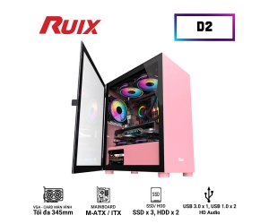 Case RUIX D2 Pink (350x210x415mm, mặt kính cường lực, Fan sau 1x120mm ko kèm, Fan trên 2x120mm ko kèm, Fan dưới 2x120mm ko kèm, 1xUSB3.0, 2xUSB2.0, 2xHDD, 2xSDD, Tản nước 120/240mm ko kèm Nguồn dưới dây dài)