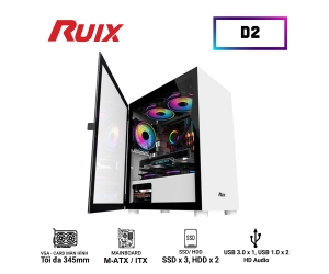 Case RUIX D2 White (350x210x415mm, mặt kính cường lực, Fan sau 1x120mm ko kèm, Fan trên 2x120mm ko kèm, Fan dưới 2x120mm ko kèm, 1xUSB3.0, 2xUSB2.0, 2xHDD, 2xSDD, Tản nước 120/240mm ko kèm Nguồn dưới dây dài)