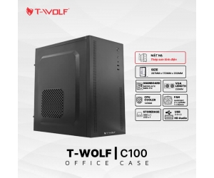 Case T-WOLF C100 Black (287x170x350mm, Fan đuôi 1x80mm ko kèm, Fan hông 1x120mm ko kèm, 2xUSB2.0, 1xHDD, 1xSSD, mặt nạ thép sơn tĩnh điện, Nguồn trên dây ngắn)