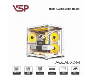 Case VSP AQUAL X2-M White (325 x 270x 330mm, Mặt trước-Hông kính cường lực, Fan đuôi 1x120mm ko kèm, Fan trước 3x120mm ko kèm, Fan trên 2x120mm ko kèm, 1xUSB3.0, 2xUSB2.0, 1xHDD, 2xSSD, Tản nước 240/240mm ko kèm, Nguồn dưới dây dài)