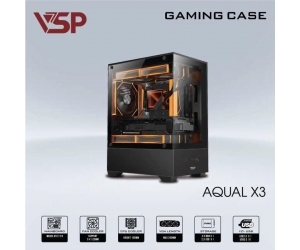 Case VSP AQUAL X3 Black (295 x 195 x 395mm, Mặt trước-Hông kính cường lực, Fan đuôi 1x120mm ko kèm, Fan trước 3x120mm ko kèm, Fan trên 2x120mm ko kèm, 1xUSB3.0, 1xUSB2.0, 1xHDD, 1xSSD, Tản nước 240/240mm ko kèm, Nguồn dưới dây dài)