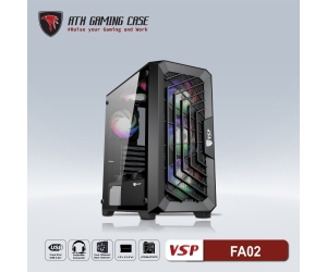 Case VSP FA02 Black (410x210x450mm, Hông kính cường lực, Fan đuôi 1x120mm ko kèm, Fan trước 3x120mm ko kèm, Fan trên 2x120mm ko kèm, Fan dưới 2x120mm ko kèm, 1xUSB3.0, 2xUSB2.0, 2xHDD, 2xSSD, Tản nước 120/240/360mm ko kèm, Nguồn dưới dây dài)