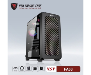Case VSP FA03 Black (410x210x450mm, Hông kính cường lực, Fan đuôi 1x120mm ko kèm, Fan trước 3x120mm ko kèm, Fan trên 2x120mm ko kèm, Fan dưới 2x120mm ko kèm, 1xUSB3.0, 2xUSB2.0, 2xHDD, 2xSSD, Tản nước 120/240/360mm ko kèm, Nguồn dưới dây dài)